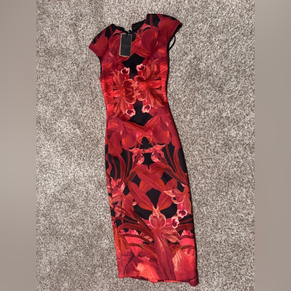 Ted Baker Jungle Orchid Floral Bodycon Midi Dress Red Black Size 0 NWT - Picture 5 of 5